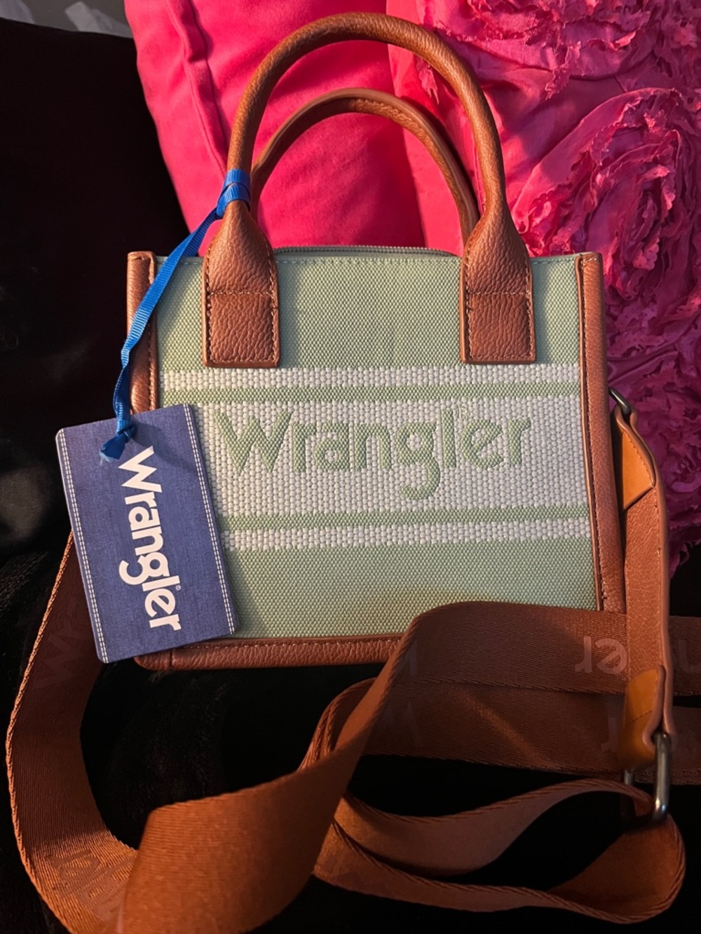 Wrangler Mint Green Canvas Mini Bag with Brown Leather Trim